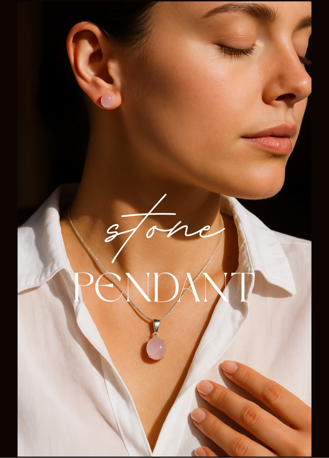 Woman wearing a necklace with a stone pendant against a dark background